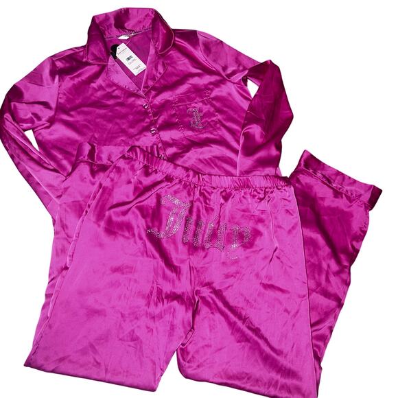 Juicy Couture Y2K Pink Bling rhinestones satin silky women's pajama set MED NEW - Picture 6 of 7